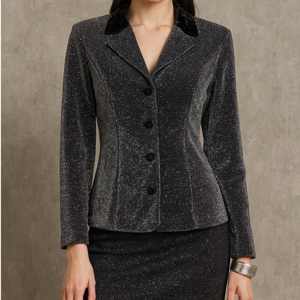 Vintage 90s Y2K‎ Dawn Joy Silver Glitter Blazer Velvet Collar Evening Jacket